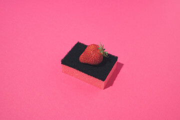 Pink dishwashing sponge with fresh strawberry on top. Minimal concept.