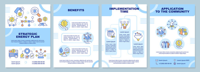 Strategic energy plan blue brochure template. Implementation time. Leaflet design with linear icons. 4 vector layouts for presentation, annual reports. Arial-Black, Myriad Pro-Regular fonts used