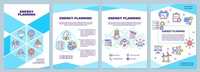 Energy planning turquoise brochure template. Alternative sources usage. Leaflet design with linear icons. 4 vector layouts for presentation, annual reports. Arial-Black, Myriad Pro-Regular fonts used