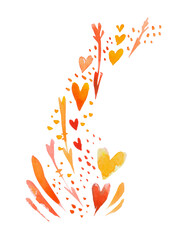 Heart shaped red and yellow on white background with confetti. Happy Valentines Day concept. Flat lay, top view.
