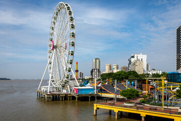 View of the Malecon 2000 and the Guayas River in Guayaquil, second largest city in Ecuador. Popular tourist destination.