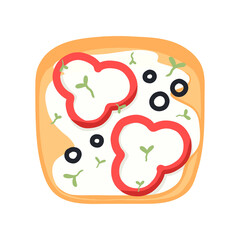 Sandwich with peppers, olives and curd cheese. Toast with vegetables. Vegetarian food. Vector illustration in cartoon style. healthy breakfast