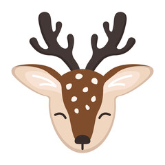 Fototapeta premium Head of cute deer in childish style with smile muzzle, horns and eyes. Funny wild animal with happy face. Vector flat illustration for holidays