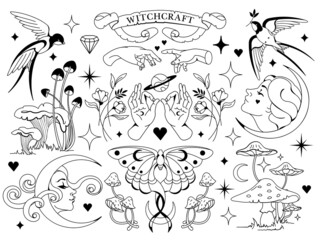 Vintage tattoo graphics: celestial crescent moon, mystery mushrooms, florals, fairies. Witchcraft, magic silhouettes for witches and wizards. Wicca and pagan sacred old tradition, hallucination prints