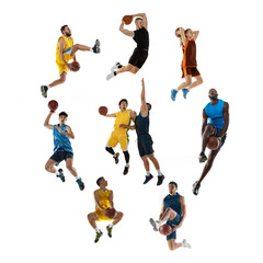 Collage made of images of male and female professional basketball players with ball in motion, action isolated on white studio background.