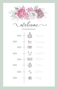 Wedding Timeline menu on wedding day with watercolor flower. Abstract floral art background vector design for wedding and vip cover template.