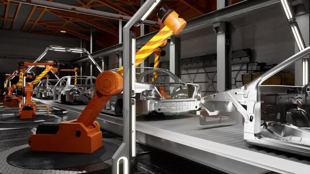 Robotic line at the car factory. 3D Concept: Automated Robot Arm Assembly Line Manufacturing High-Tech Vehicles. Production Conveyor. Render 4K.