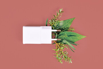 Renewable Energy concept with electric plug with natural leaves