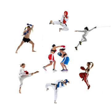 Collage made of portraits of male and female sportsmen. MMA fighter, boxers, and taekwondo fighters, swordsman or fencer. Sport competition concept
