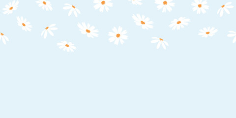 White hand drawn chamomile or daisy flowers isolated on blue background. Floral horizontal pattern vector illustration. Great for summer, spring sale banner, social media and more.