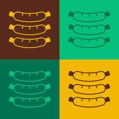 Pop art Sausage icon isolated on color background. Grilled sausage and aroma sign. Vector