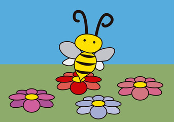 Dibujo de abeja volando por campo de flores.