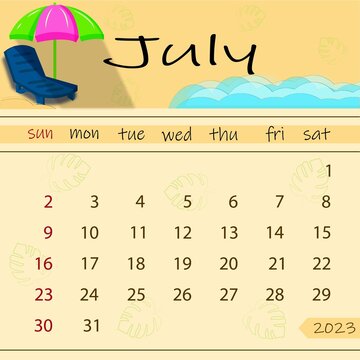 jole calendar 2023, july, calendar, month, day, date,
calendar for 2023, calendar for july 2023, banner, printed calendar, summer, vacation, leaves, sun lounger, umbrella, sea, sand, beach umbrella, b