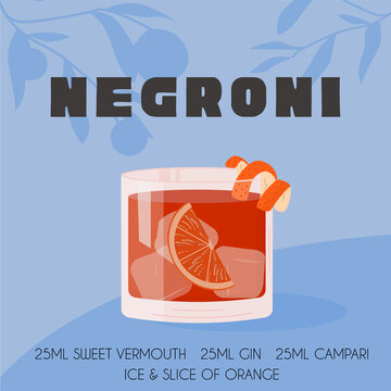 Negroni Cocktail in old fashioned glass with ice. Alcoholic Beverage with orange peel and citrus slice on background with shadow of orange fruit tree. Summer Italian aperitif. Vector.