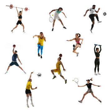 Sport collage. Tennis, running, badminton, soccer or football, basketball, handball, volleyball, weightlifter and gymnast.