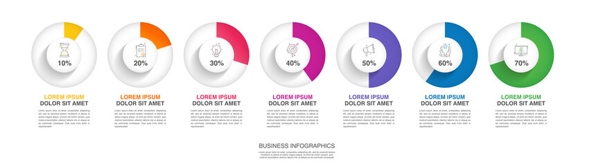Vector infographic design template. Modern concept with seven steps. Creative timeline with graph elements, percentage circles and icons. Performance analysis in percent