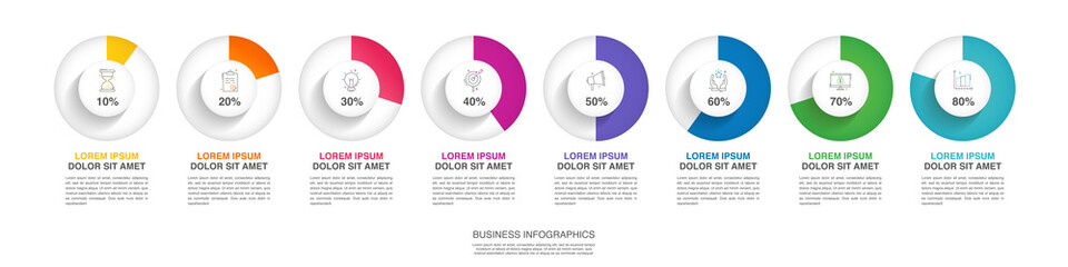Vector infographic design template. Modern concept with 8 steps. Creative timeline with graph elements, percentage circles and icons. Performance analysis in percent