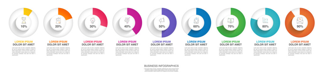 Vector infographic design template. Modern concept with 9 steps. Creative timeline with graph elements, percentage circles and icons. Performance analysis in percent - obrazy, fototapety, plakaty