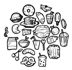 Set of food in form of ellipse. Baking buns and meat dishes. Hand drawing outline. Isolated on white background. Monochrome drawing. Vector