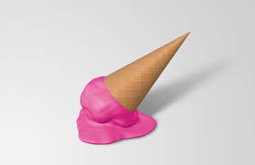 Pink strawberry ice cream cone melting and dropped onto the floor. 3D rendering Image.