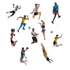 Sport collage. Tennis, swimming, badminton, soccer and american football, basketball, handball,...