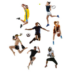 Motion. Sport collage. Tennis, running, badminton, soccer and american football, basketball, handball, volleyball, boxing, MMA fighter.