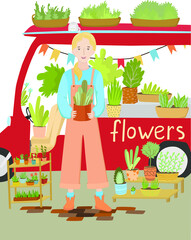  Cute florist girl surrounded by potted plants holds a 
flower pot in her hands and smiles. Farmer's market. 
Summer shopping. Vector flat illustration