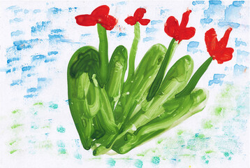 Red flower on absyract background, kids drawing, watercolor