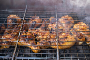 grilled meat kebab. traditional picnic with outdoor barbecue in summer. The concept of summer outdoor recreation.