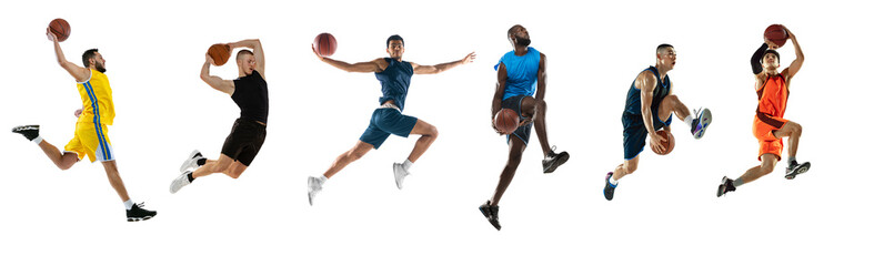 Set of dynamic portraits of professional basketball players jumping with ball isolated over white...