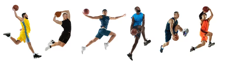 Foto op Plexiglas Set of dynamic portraits of professional basketball players jumping with ball isolated over white studio background © master1305