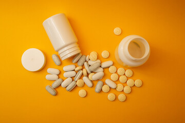 White pills on a yellow background, medical theme