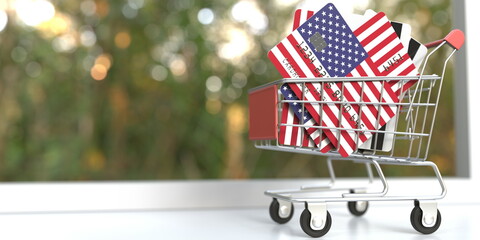 Credit card mockups with flags of the USA in a small shopping cart. 3D rendering