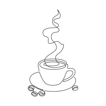 Cup coffee with aroma smoke in One continuous line drawing. Minimalist contour symbol concept tea mug for cafe menu and web banner in simple linear style. Editable stroke. Doodle Vector illustration