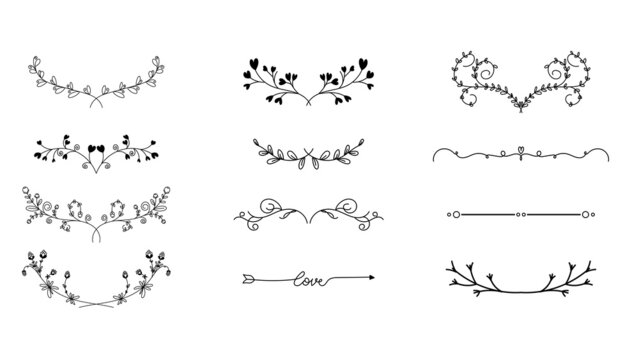 Floral ornamental doodle dividers, vintage hand drawn tribal arrow and calligraphic deco border vector set isolated on white background. Vector Illustration EPS 10
