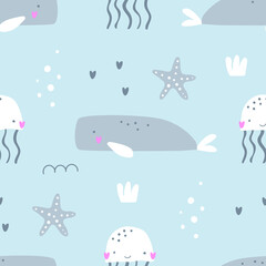Seamless pattern with cute animals of the underwater world whale, midusa and starfish made in handmade lines. Vector illustration waiting for printing. Cute baby background.