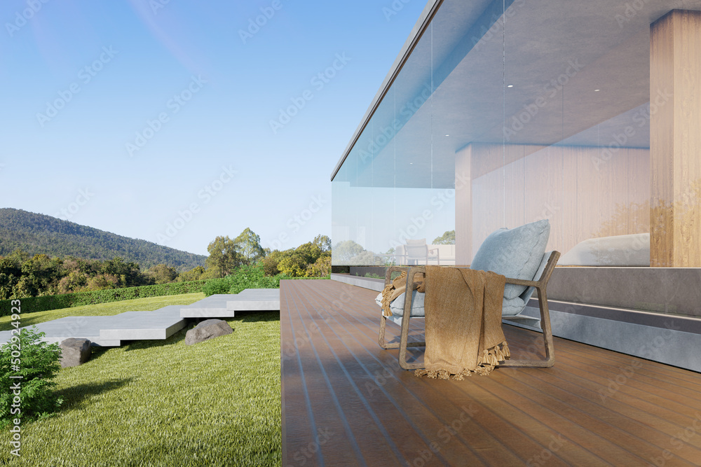 Poster 3d rendering of modern concrete house with large glass window.