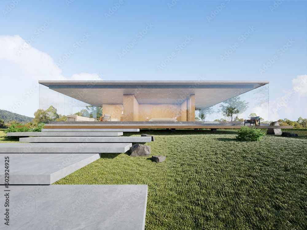 Poster 3d rendering of modern concrete house with large glass window.
