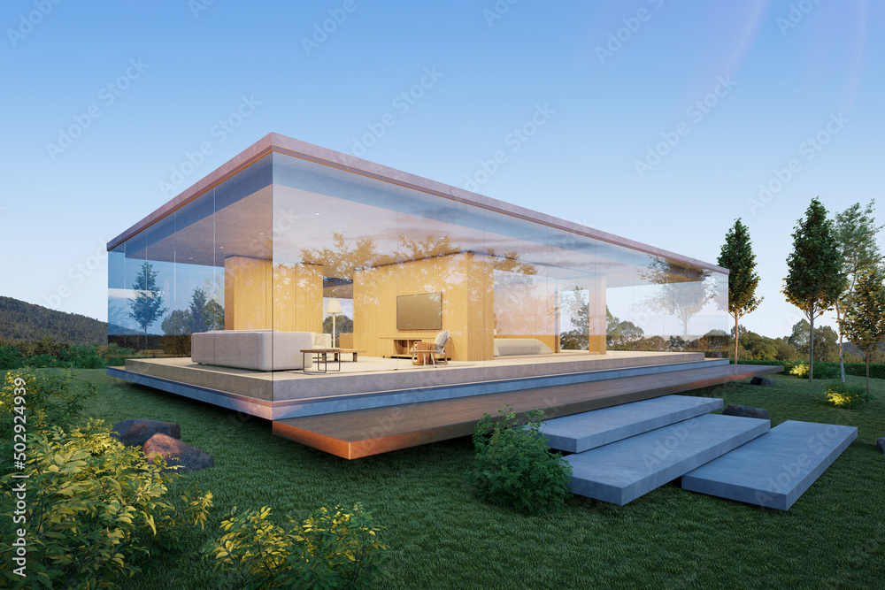 Poster 3d rendering of modern concrete house with large glass window.