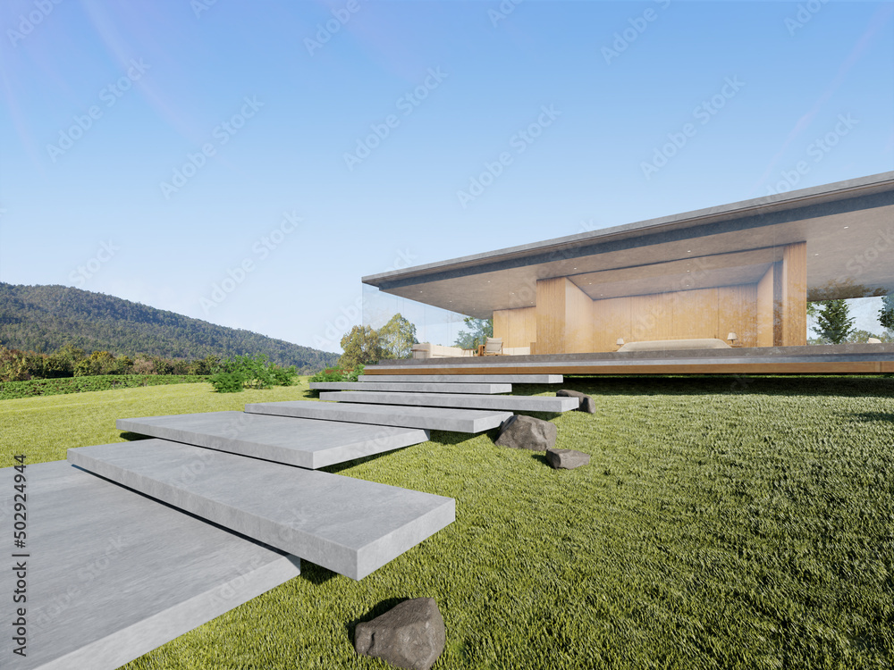 Poster 3d rendering of modern concrete house with large glass window.