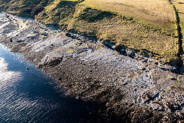 Aerial view of the amazing rocky coast at Ballyederland by St Johns Point in County Donegal - Ireland.