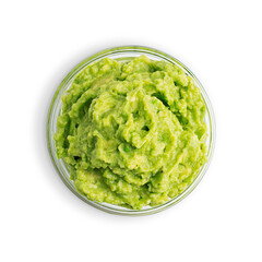 Top view of traditional mexican dip, sauce, spread or salad made of mashed ripe green avocado...