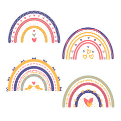 Set of different rainbows with hearts, dots. Cute bright collection on white background.