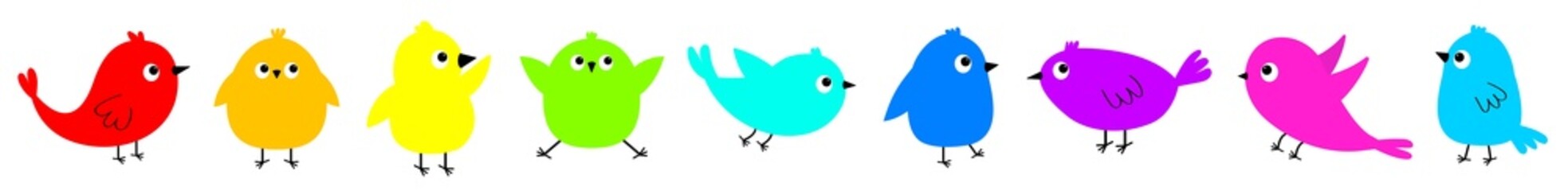 Bird icon set line. Cute kawaii cartoon funny baby character. Birds collection. Decoration element. Colorful sticker. Flat design. Isolated. White background.