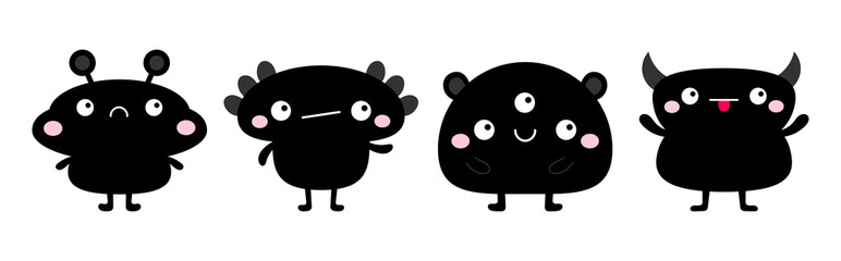 Kawaii monster icon set line. Happy Halloween. Cute cartoon funny baby character. Black silhouette. Sticker print. Eyes, horn, fang teeth tongue. Flat design. Black background.