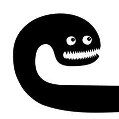 Monster silhouette in the corner. Black Funny cute cartoon kawaii baby character. Happy Halloween. Snail shape. Tooth fang. Flat design. White background. Isolated