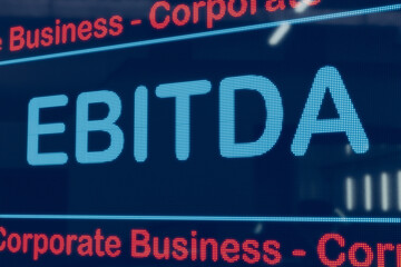 EBITDA - Earnings Before Interest, Taxes, Depreciation, and Amortization. Measurement of financial performance, net income. Corporate business and profitability analysis. LED screen. 3D illustration