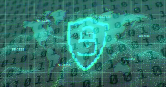 Security padlock and shield icon over world map and binary coding data processing