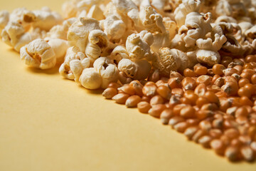 Half Corn and half pop corn background. No body. Copy space