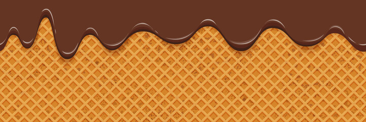 Chocolate melted on waffle background. Seamless pattern sweet ice cream flowing down on cone. Glaze or caramel dripping on wafer texture backdrop. Vector illustration